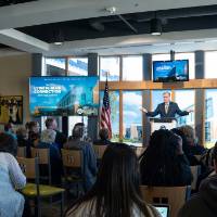 President Thomas J. Haas giving a speech at the Lynn M. Blue Connection Naming Ceremony